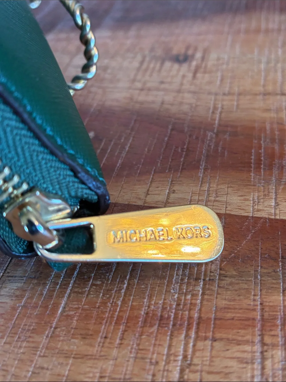 Michael Kors Forest Green Saffiano Zip-Around Wallet with Gold Plate